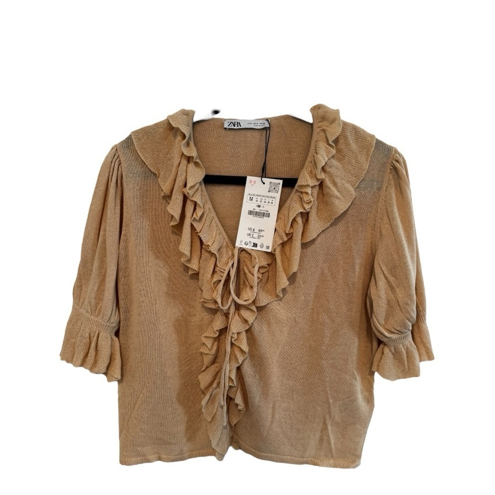Zara Ruffle Knit Blouse size M NWT Beige Puff Sleeve Romantic Cottagecore - Picture 5 of 6
